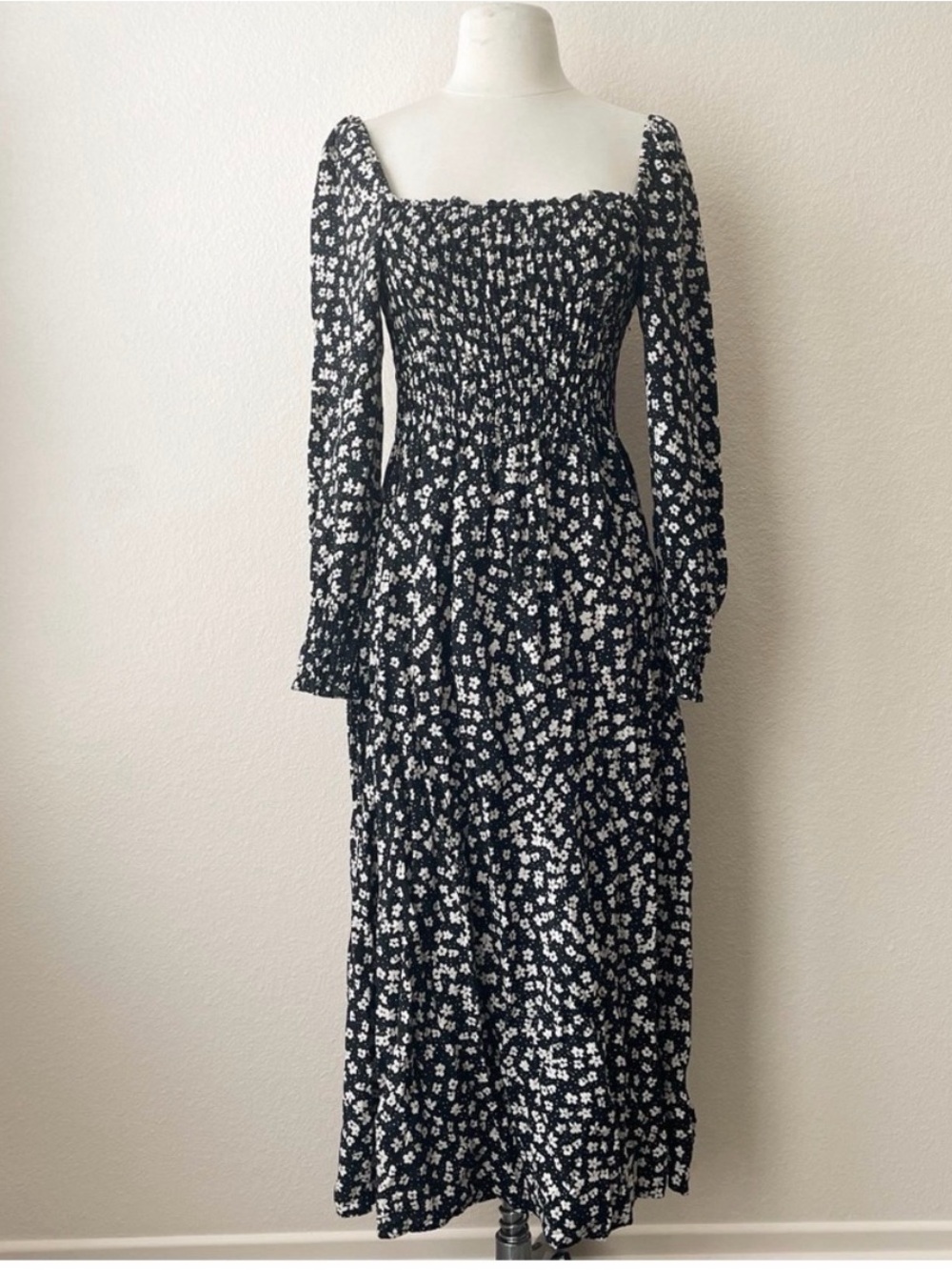 H&M Black Floral Square-Neck Maxi Dress
